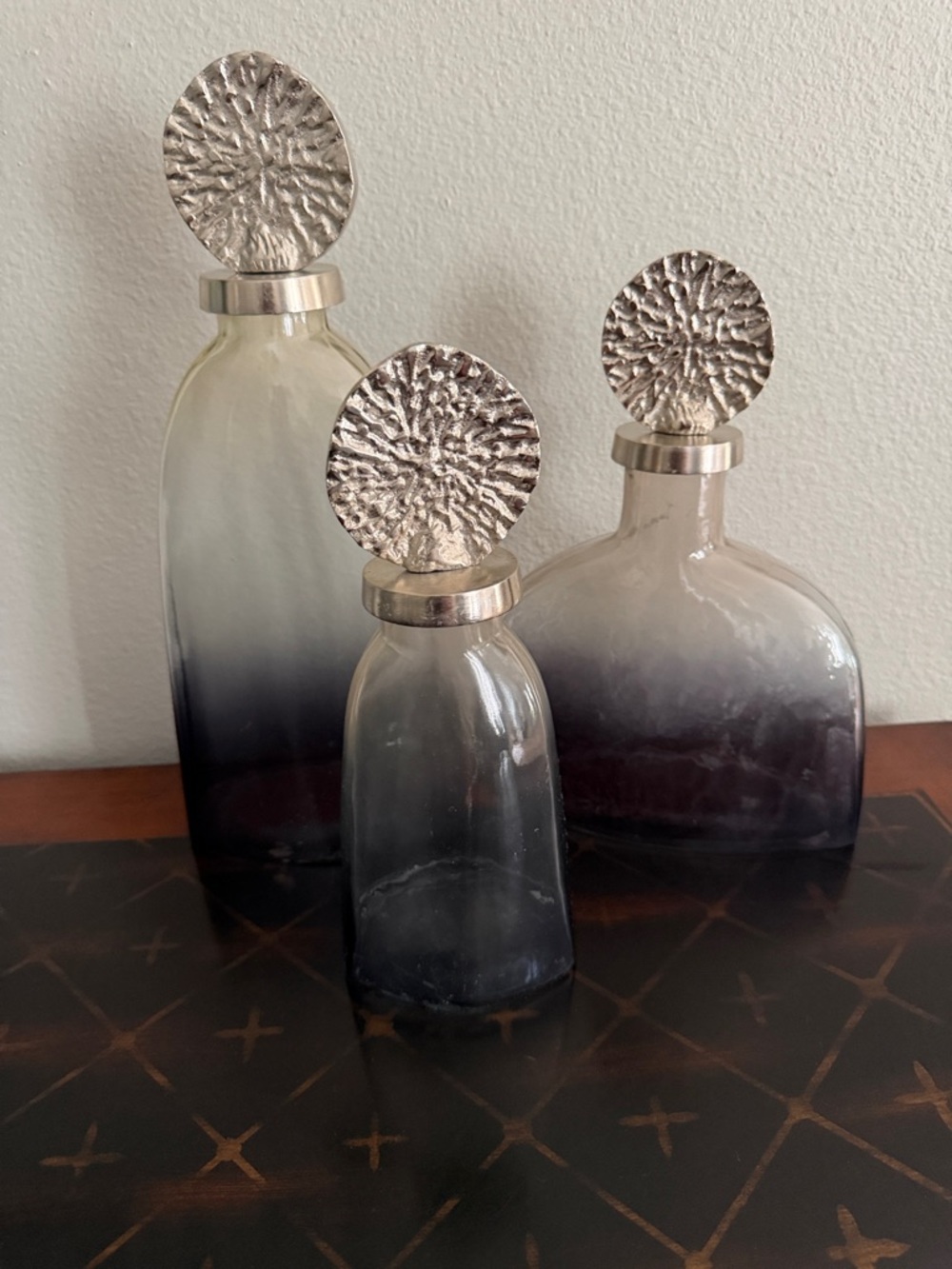 Set of (3) Decorative Ombre Glass Bottles with Silver Stoppers - Gray